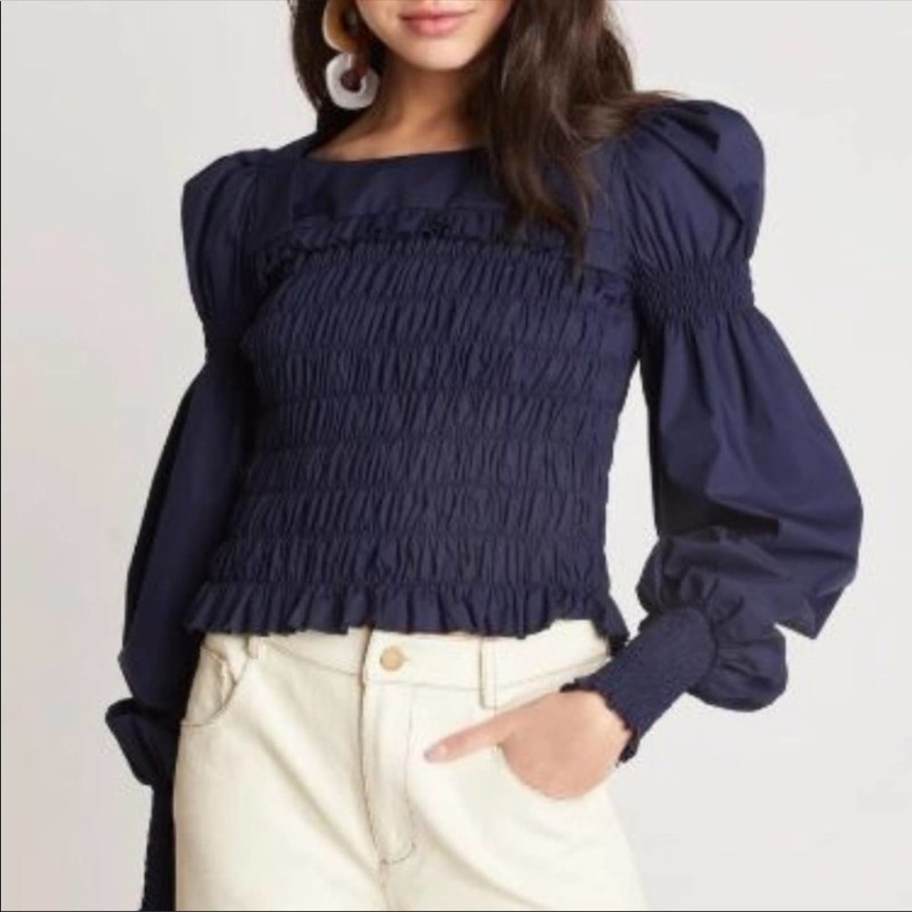 Choosy Charlotte Smocked Ruffle Balloon Blouse Top Size S Navy Blue 14477